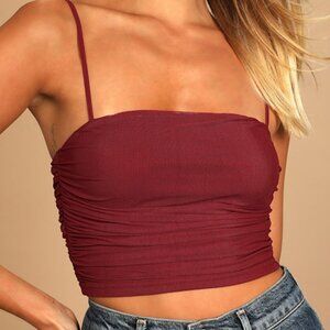 Lulus Flirtatious Moment Burgundy Ruched Mesh Crop Top Red - Size M